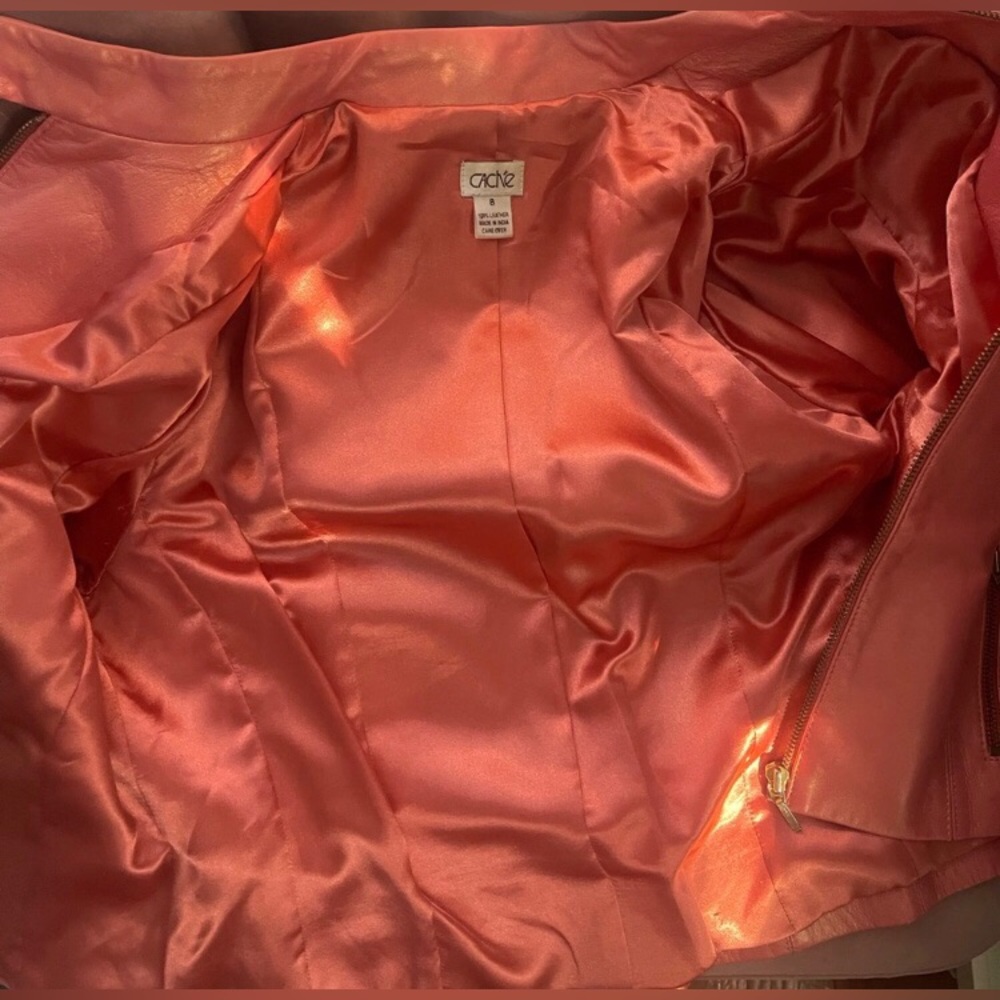 EUC Cache gorgeous iridescent coral lightweight zip up lined leather jacket. - Picture 7 of 12